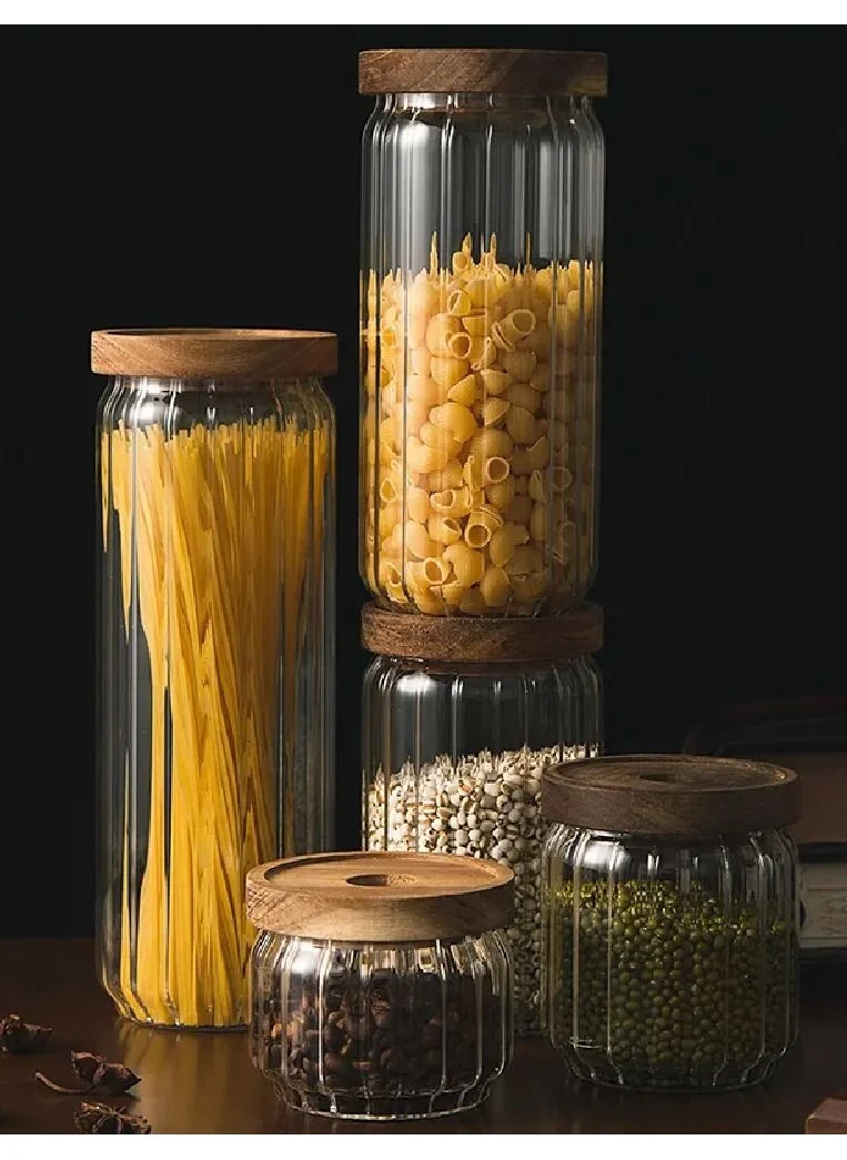 1Chase Borosilicate Stripe Glass Food Storage Jar With Acacia Wood Air Tight Lid, Set Of 3, 500 ML