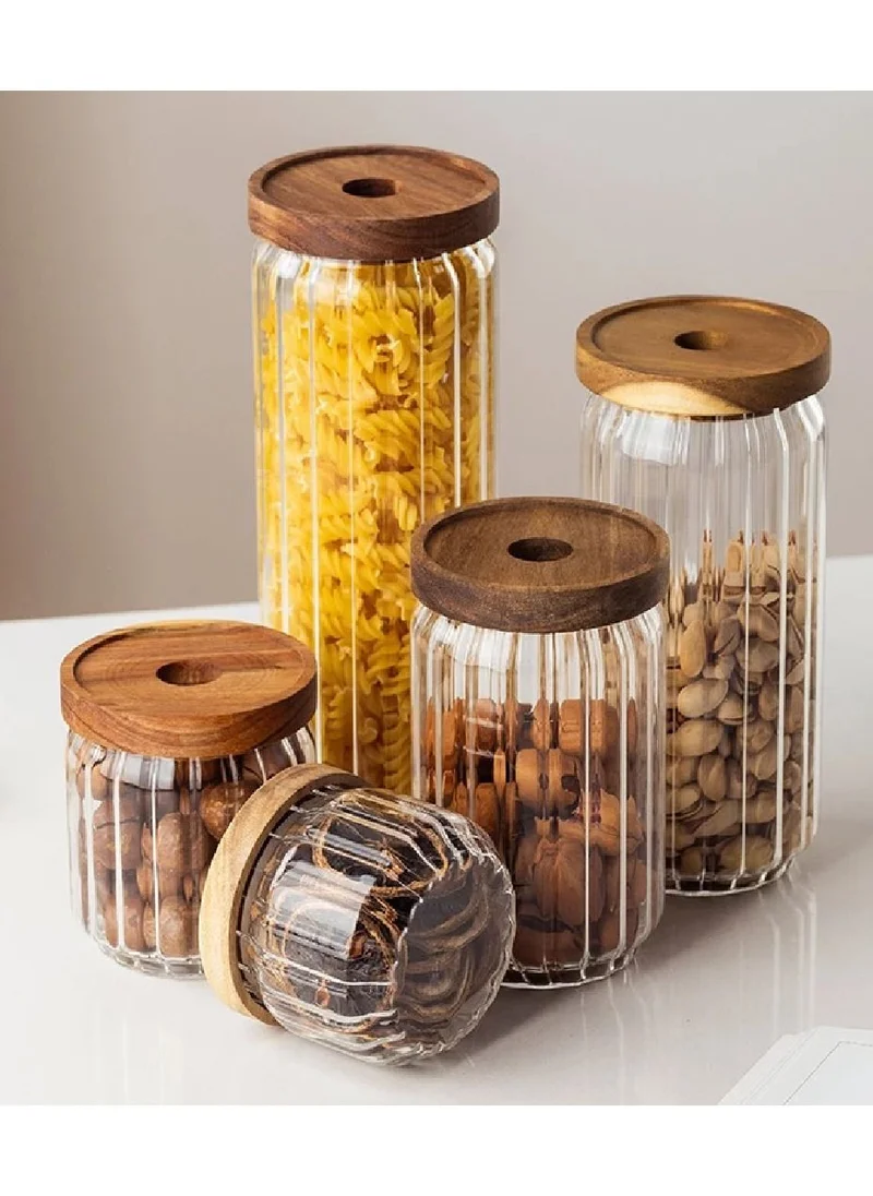 1Chase Borosilicate Stripe Glass Food Storage Jar With Acacia Wood Air Tight Lid, Set Of 3, 500 ML