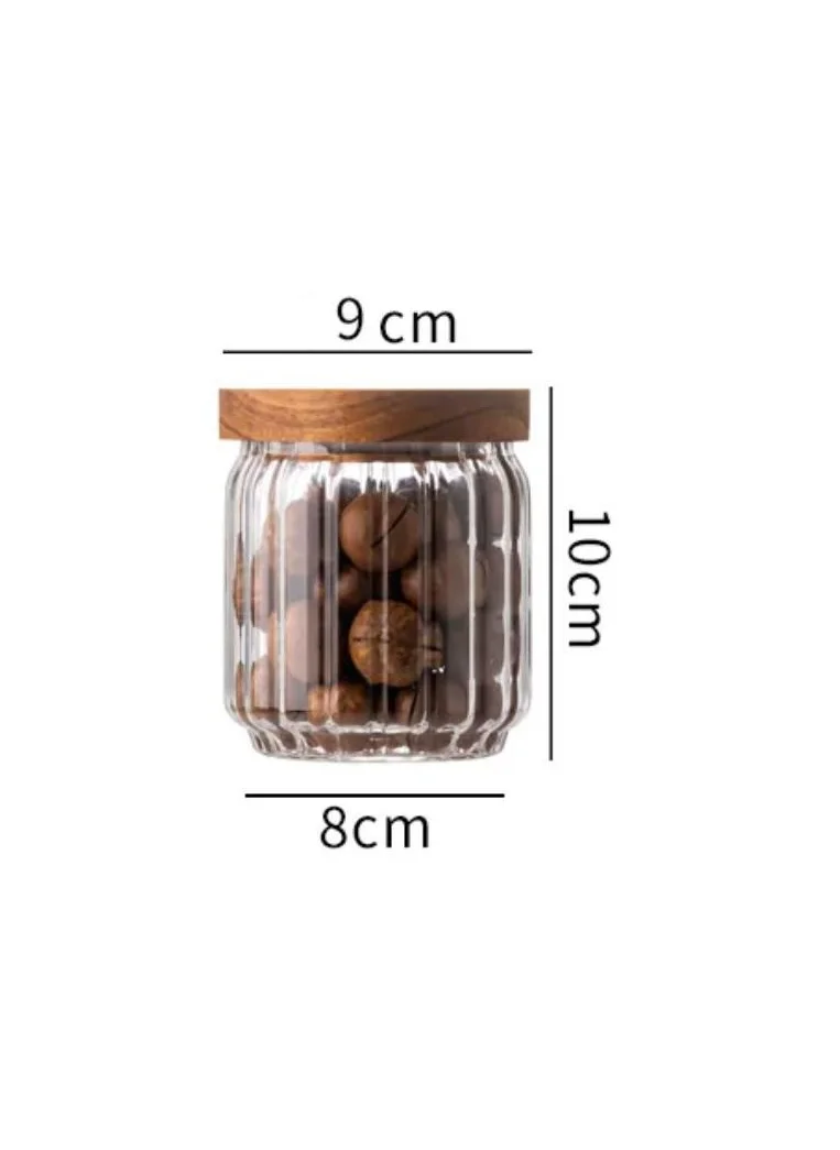 1Chase Borosilicate Stripe Glass Food Storage Jar With Acacia Wood Air Tight Lid, Set Of 3, 500 ML