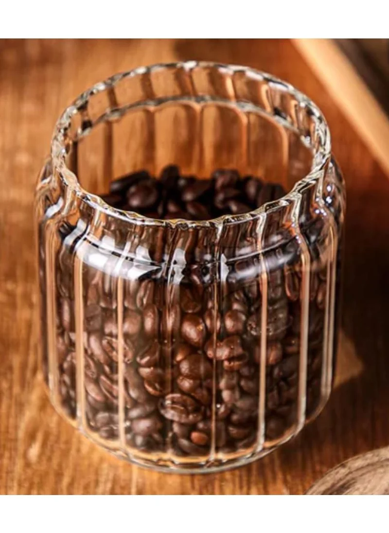 1Chase Borosilicate Stripe Glass Food Storage Jar With Acacia Wood Air Tight Lid, Set Of 3, 500 ML