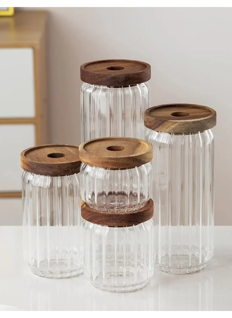 1Chase Borosilicate Stripe Glass Food Storage Jar With Acacia Wood Air Tight Lid, Set Of 3, 500 ML