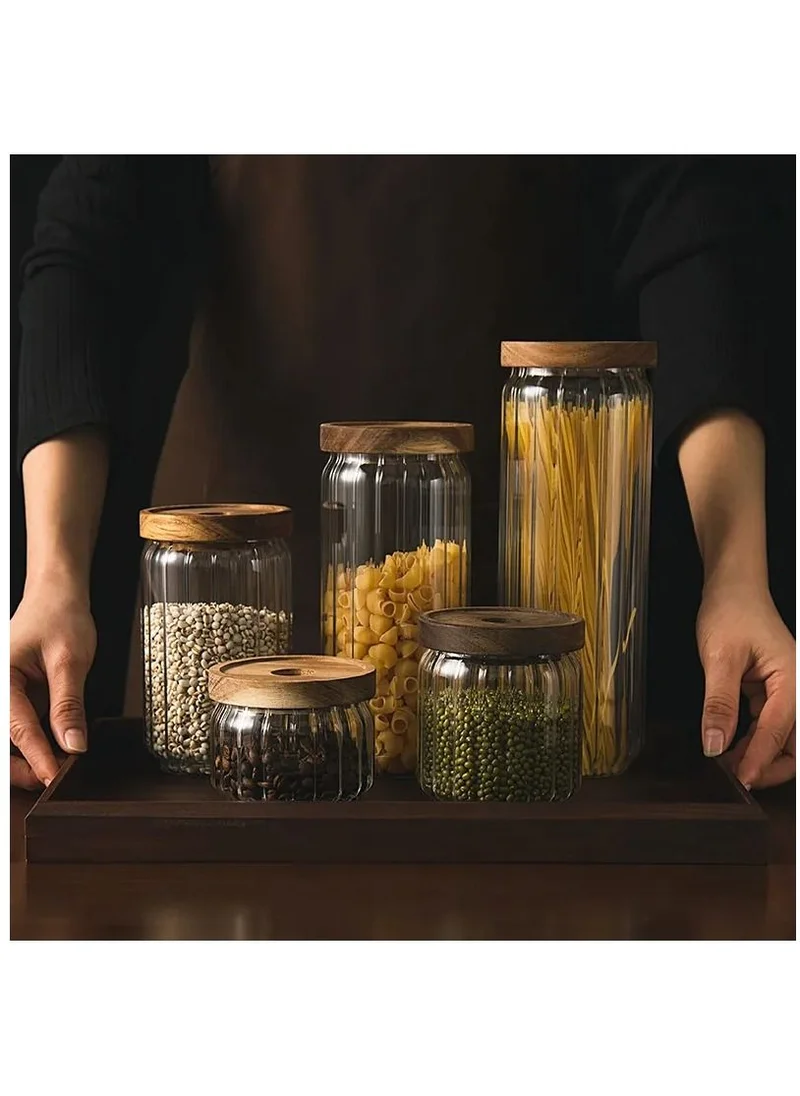 1Chase Borosilicate Stripe Glass Food Storage Jar With Acacia Wood Air Tight Lid, Set Of 3, 500 ML