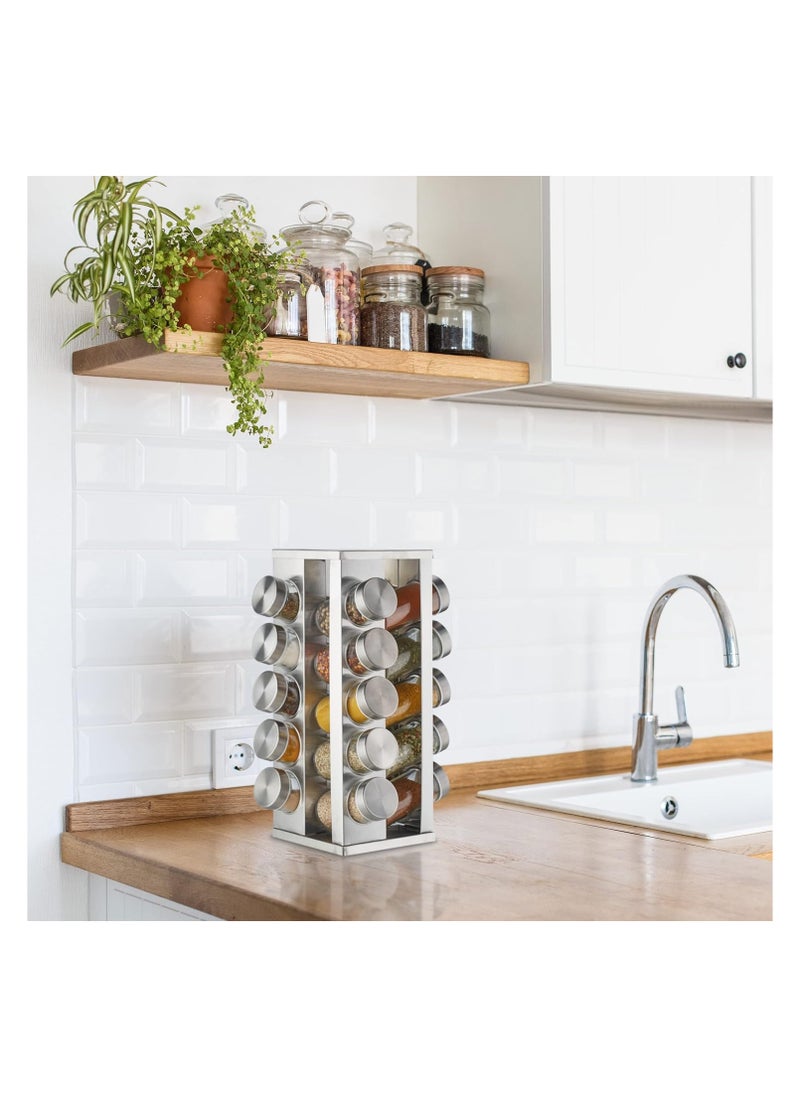 Bukela - Square Spice Rack, 16 Spice Jars, Spice Rack can be rotated 360°, Spice jar with lid, 16 88ml Glass Spice Jars (17 * 17 * 27.5cm) - Image 1