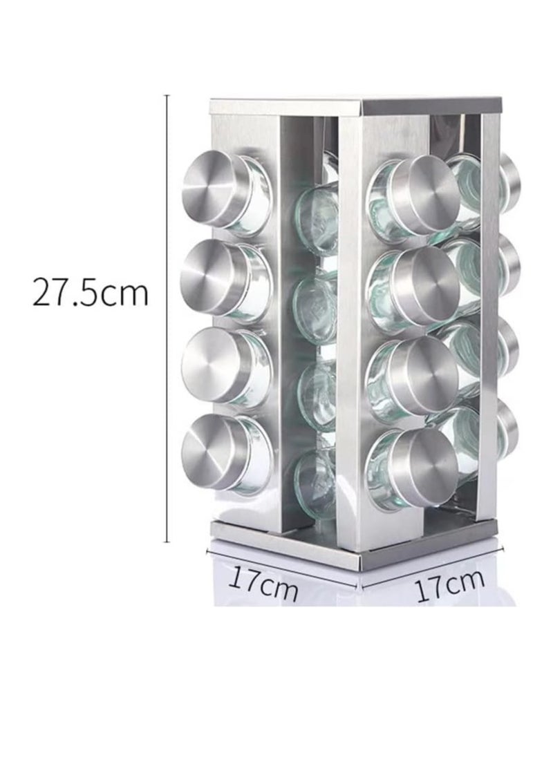 Bukela - Square Spice Rack, 16 Spice Jars, Spice Rack can be rotated 360°, Spice jar with lid, 16 88ml Glass Spice Jars (17 * 17 * 27.5cm) - Image 1