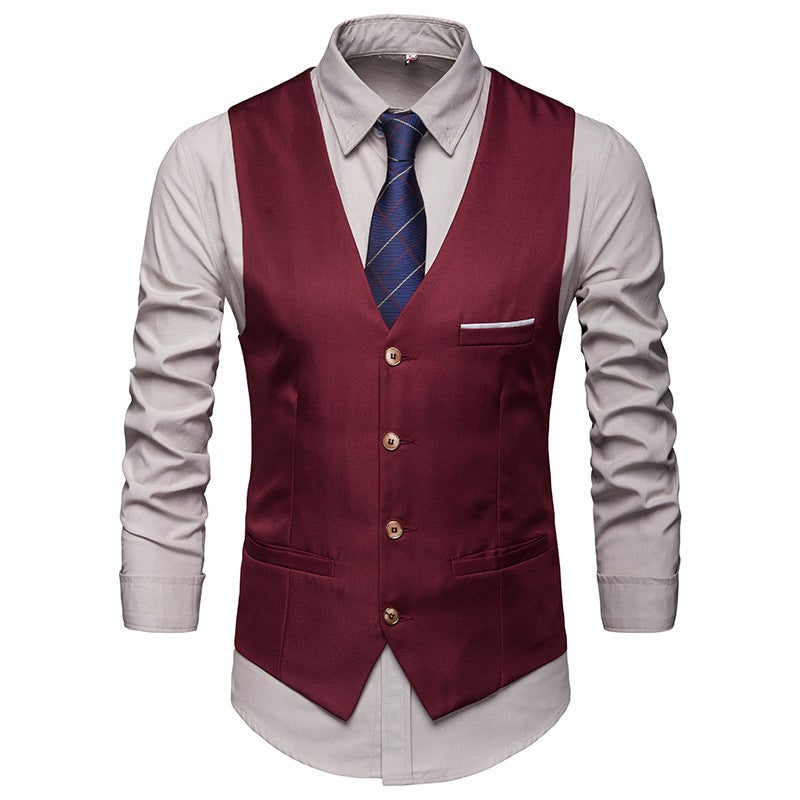 New Mens Suit Vest Slim Fit Groomsmen Formal V-Neck Waistcoat Burgundy  - Image 1