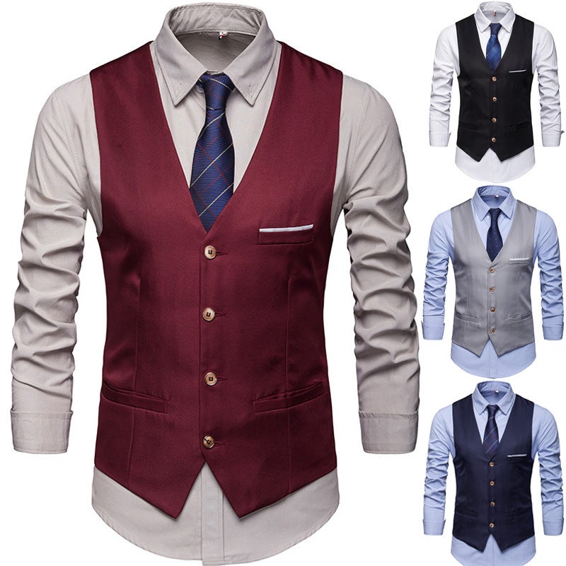 New Mens Suit Vest Slim Fit Groomsmen Formal V-Neck Waistcoat Burgundy  - Image 5
