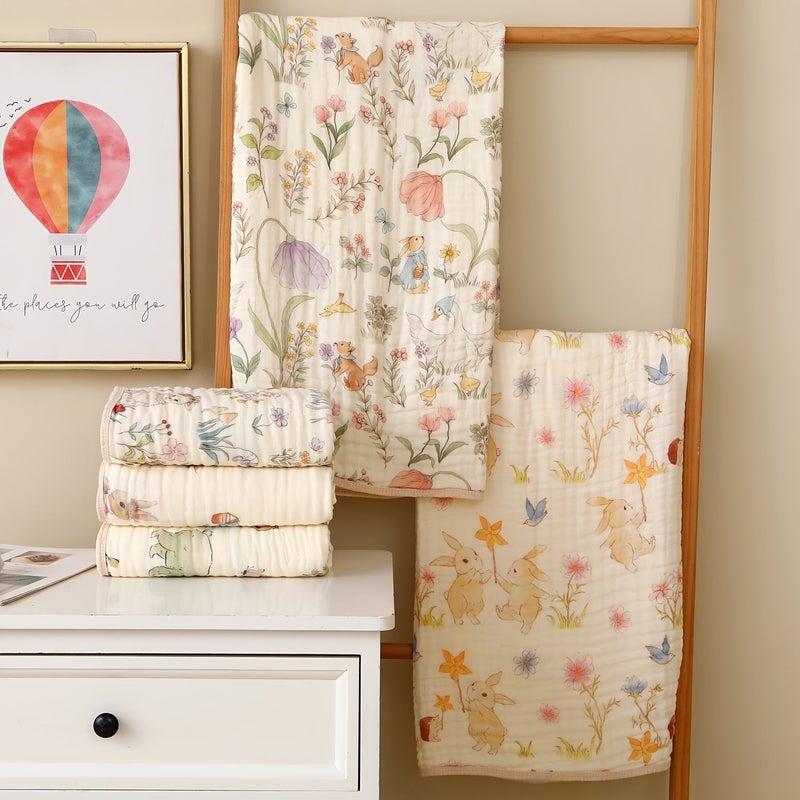 6 Ply Soft Cotton Quick Dry Bathroom Towel With Floral And Bunny Print Absorbent Breathable For Home Travel Camping Beach Holiday Gift - Image 3