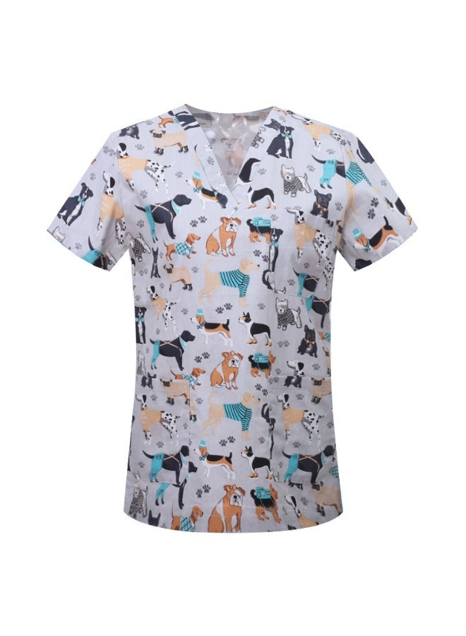 Loquat Womens Medical Scrubs Single Top Medical Uniform Single Printed Top Dog Print on Gray Background - Image 1