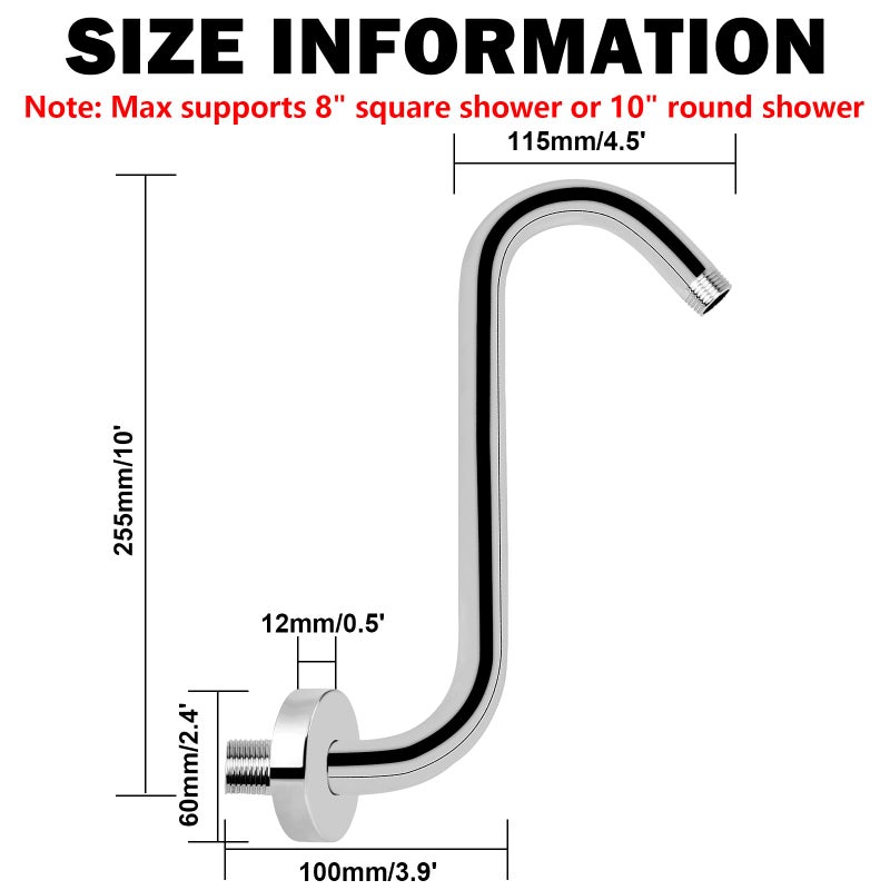 NearMoon S Shaped Shower Head Riser Arm, Shower Extender Arm with Flange, Standard 1/2" Connection- Bathroom Accessory, 10 Inch (1 Pack, Chrome) - Image 2