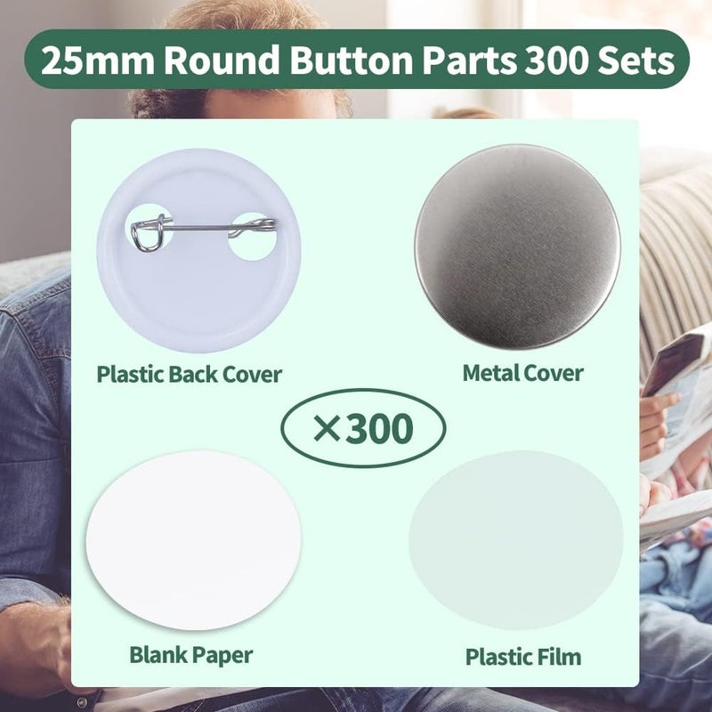 Mostme 300 Sets 25mm/1 inch Button Supplies Button Parts for Buttons Maker Machine 25mm, Round Badge Blank Buttons Pins, Includes Plastic Pin Back Cover, Metal Cover, Clear Film&Blank Paper - Image 2