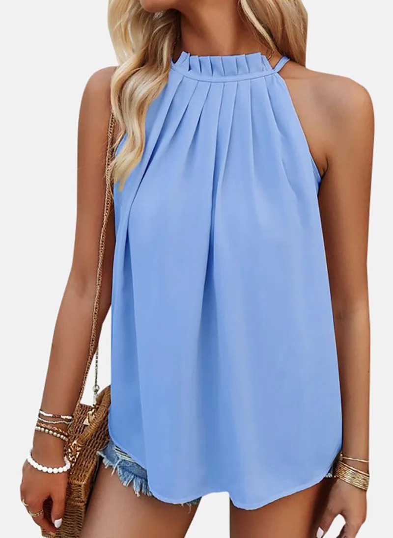 YUNIQEE Blue Casual Halter Neck Sleeveless Solid Tops