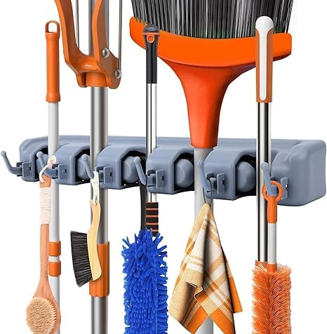 Nexosity Plastic MopBroom Holder5 Position with 6 Hooks Garage Wall Mount Storage Holds Up to 11 Tools Hanging ShelvesGarage Storage Systems for Garage Shelving Ideas - Image 1