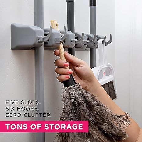 Nexosity Plastic MopBroom Holder5 Position with 6 Hooks Garage Wall Mount Storage Holds Up to 11 Tools Hanging ShelvesGarage Storage Systems for Garage Shelving Ideas - Image 2