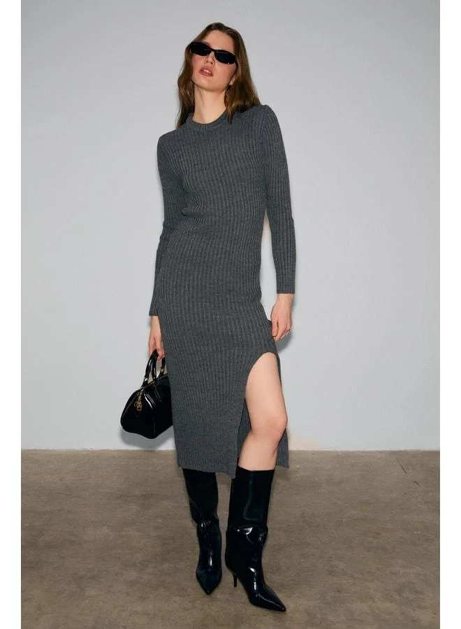 Grimelange  SOREYA Women's Round Neck Striped Pattern Slit Slim Fit Knit Anthracite Dress. for Women | Best Price UAE