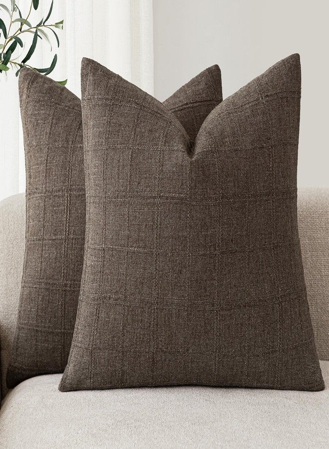 Foindtower Set of 2 Decorative Linen Check Throw Pillow Covers Neutral Farmhouse Vintage Cushion Covers Modern Boho Home Decor for Sofa Chair Couch Bedroom Living Room,20×20 Inch,Dark Brown - Image 1