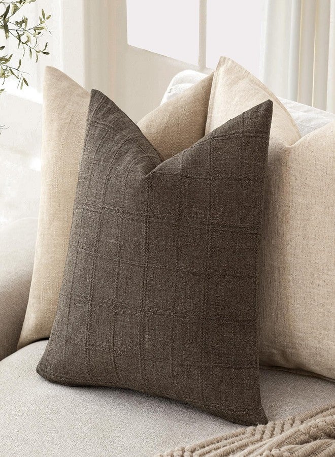 Foindtower Set of 2 Decorative Linen Check Throw Pillow Covers Neutral Farmhouse Vintage Cushion Covers Modern Boho Home Decor for Sofa Chair Couch Bedroom Living Room,20×20 Inch,Dark Brown - Image 5