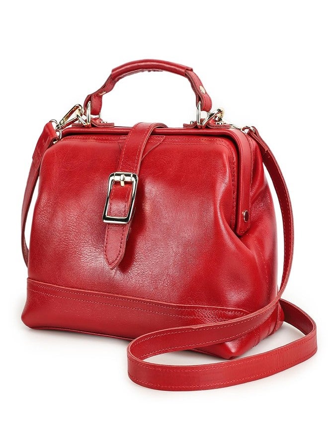 CONTACTS Doctor Bag for Women Genuine Leather Top Handle Purse Satchel Handbag Shoulder Bag Vintage Tote Bag with Metal Clasp Frame Opening (Red) - Image 1