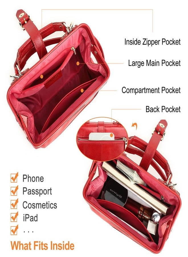 CONTACTS Doctor Bag for Women Genuine Leather Top Handle Purse Satchel Handbag Shoulder Bag Vintage Tote Bag with Metal Clasp Frame Opening (Red) - Image 4