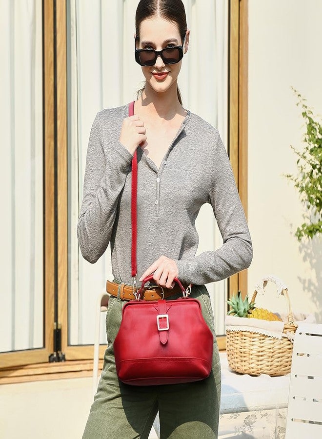 CONTACTS Doctor Bag for Women Genuine Leather Top Handle Purse Satchel Handbag Shoulder Bag Vintage Tote Bag with Metal Clasp Frame Opening (Red) - Image 2
