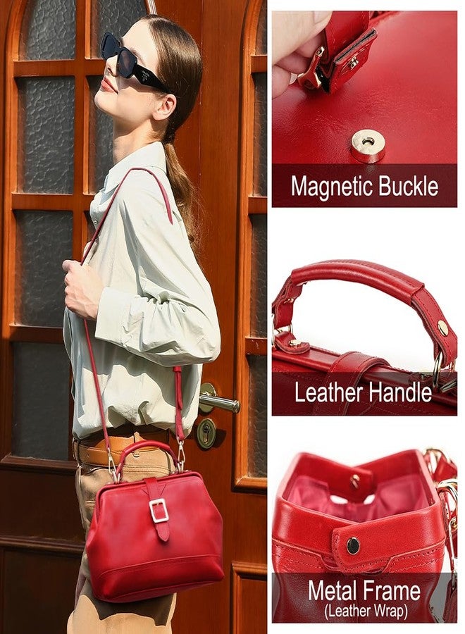 CONTACTS Doctor Bag for Women Genuine Leather Top Handle Purse Satchel Handbag Shoulder Bag Vintage Tote Bag with Metal Clasp Frame Opening (Red) - Image 3