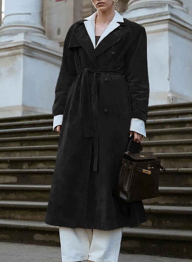 utcoco Womens Faux Suede Long Trench Coat Notched Lapel Double Breasted Pea Coat Overcoat with Belt (X-Large, Black) - Image 5