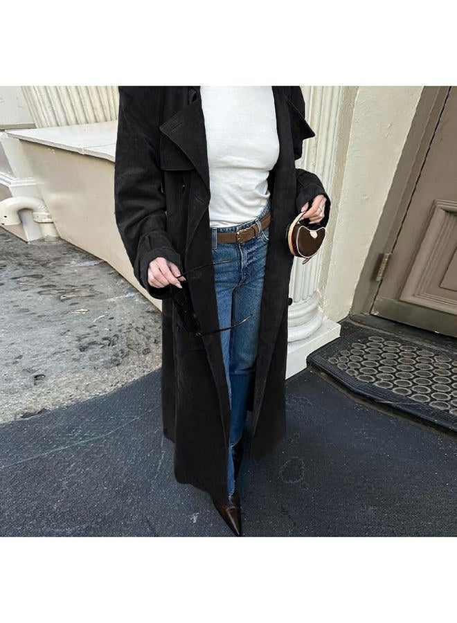 utcoco Womens Faux Suede Long Trench Coat Notched Lapel Double Breasted Pea Coat Overcoat with Belt (X-Large, Black) - Image 4