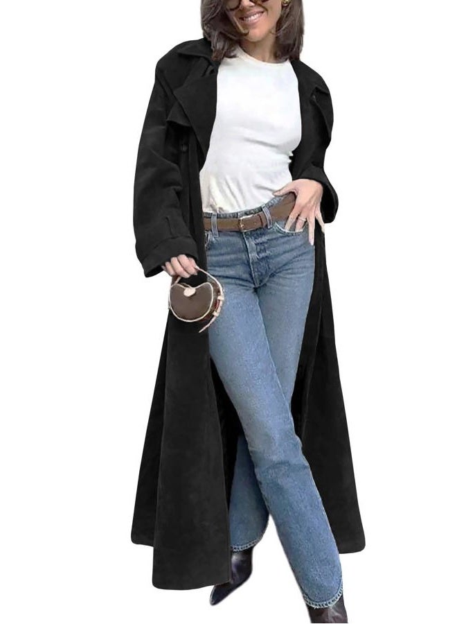 utcoco Womens Faux Suede Long Trench Coat Notched Lapel Double Breasted Pea Coat Overcoat with Belt (X-Large, Black) - Image 1