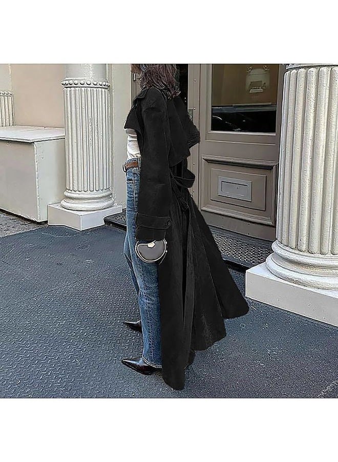 utcoco Womens Faux Suede Long Trench Coat Notched Lapel Double Breasted Pea Coat Overcoat with Belt (X-Large, Black) - Image 3