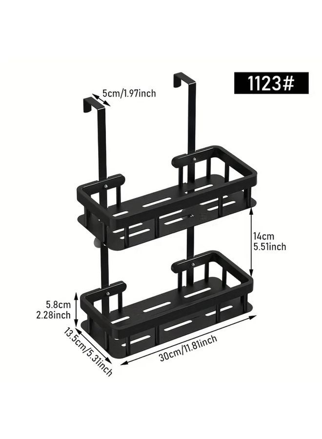 2 Tier No Drill Adjustable Shower Organizer Black Space Saving Shelf With Hooks - Image 1
