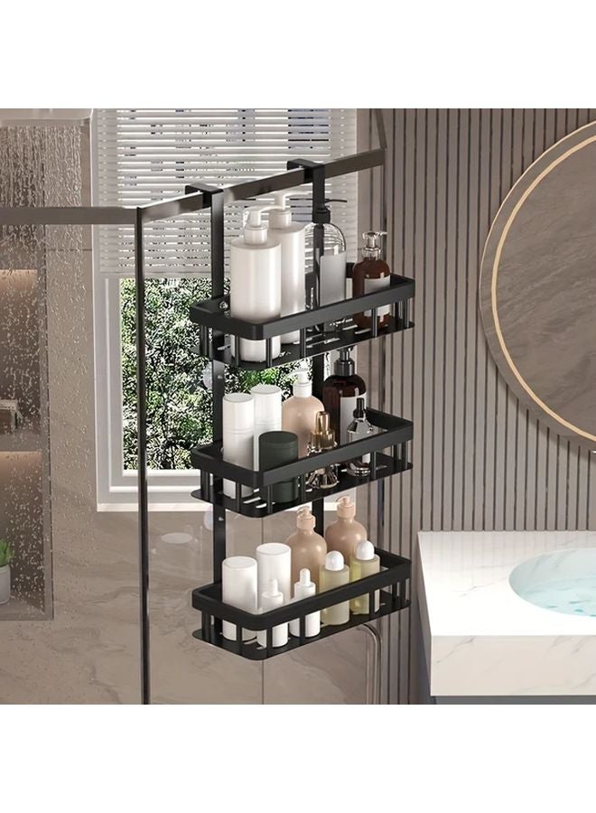 2 Tier No Drill Adjustable Shower Organizer Black Space Saving Shelf With Hooks - Image 2