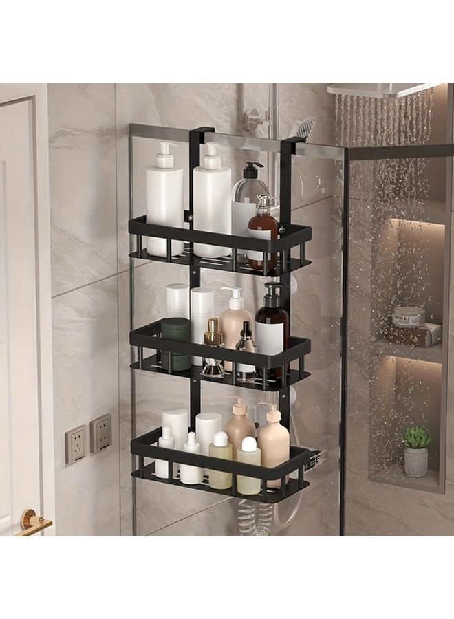 2 Tier No Drill Adjustable Shower Organizer Black Space Saving Shelf With Hooks - Image 5
