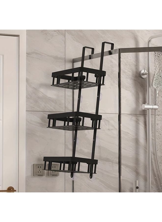 2 Tier No Drill Adjustable Shower Organizer Black Space Saving Shelf With Hooks - Image 3
