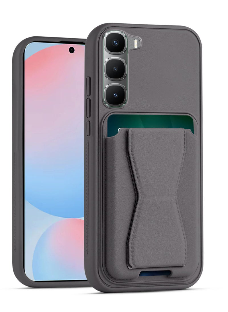 غطاء خلفي من الجلد مع محفظة بطاقات، جراب قابل للطي ومقاوم للصدمات متوافق مع هاتف Infinix Hot 60 Pro Plus (رمادي داكن)