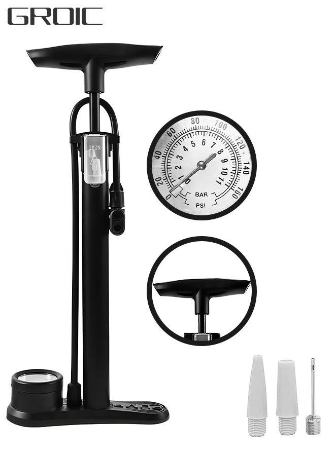 Bike Pump with Gauge - Portable Bicycle Tire Pump - 160 PSI Bike Air Pump with Presta and Schrader Valve, Multi-function Air Pump for Basketball/Football/Motorcycles/Car