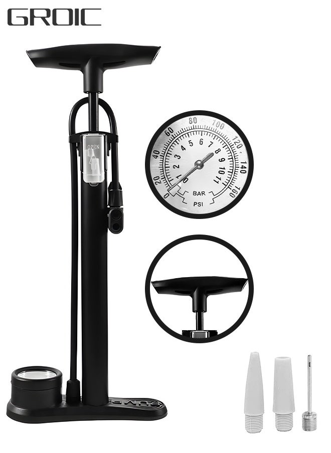 GROIC Bike Pump with Gauge - Portable Bicycle Tire Pump - 160 PSI Bike Air Pump with Presta and Schrader Valve, Multi-function Air Pump for Basketball/Football/Motorcycles/Car  - Image 1