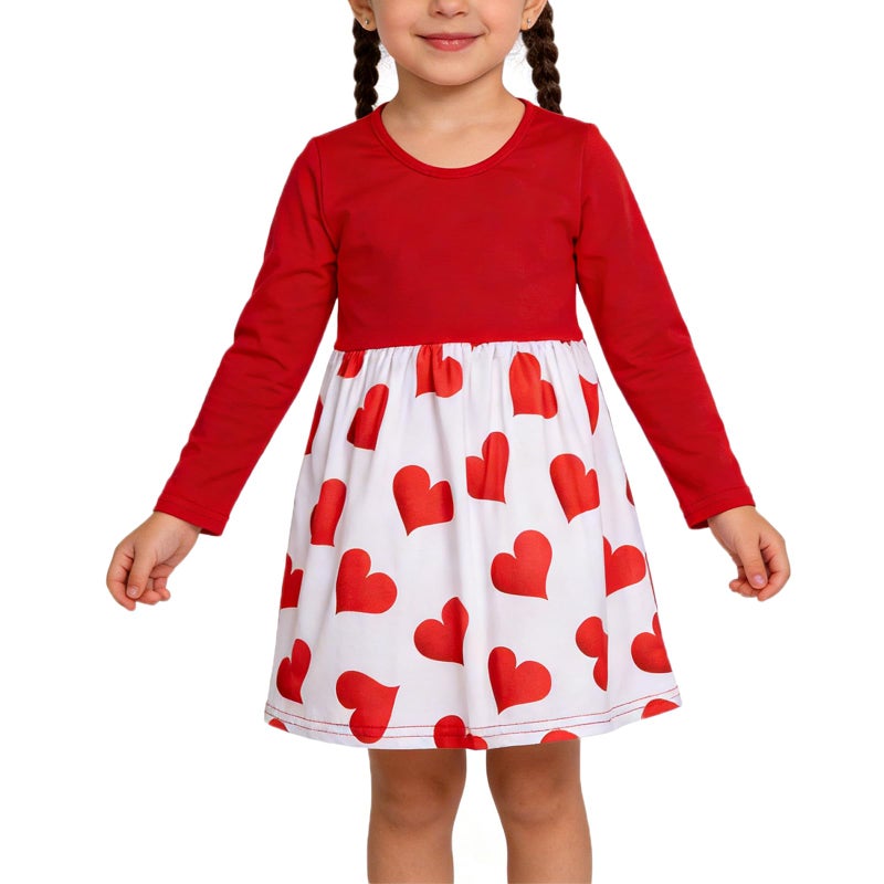 DACSOIT Valentines Toddler Girl Dress Love Hearts Print Ruffle Long Sleeve Casual Dress 3-8Y, Big Hearts, 6-7 Years - Image 1