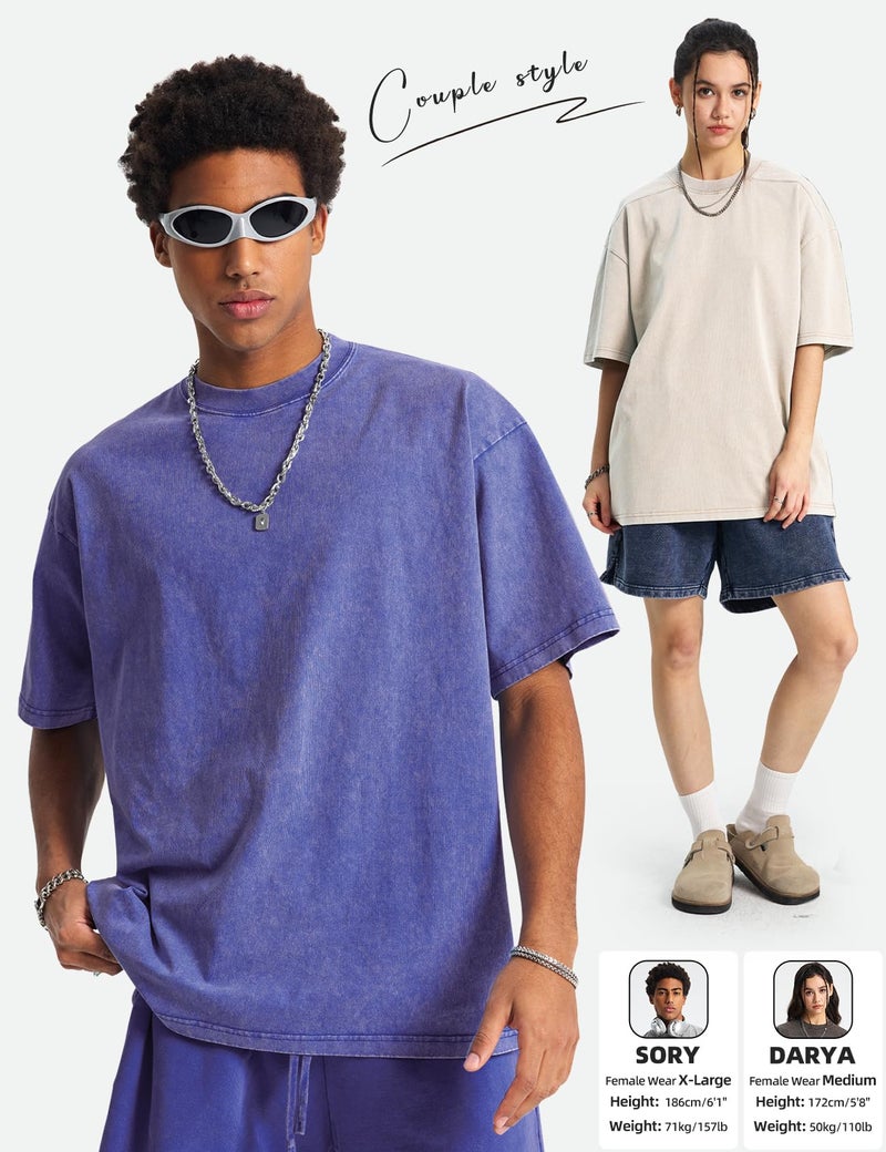 Arssm Mens Oversized T Shirts Cotton Acid Wash Baggy Tees Loose Fit Vintage Heavyweight T-Shirts(BlackPinkPurpleBlueBeige-XL) - Image 5