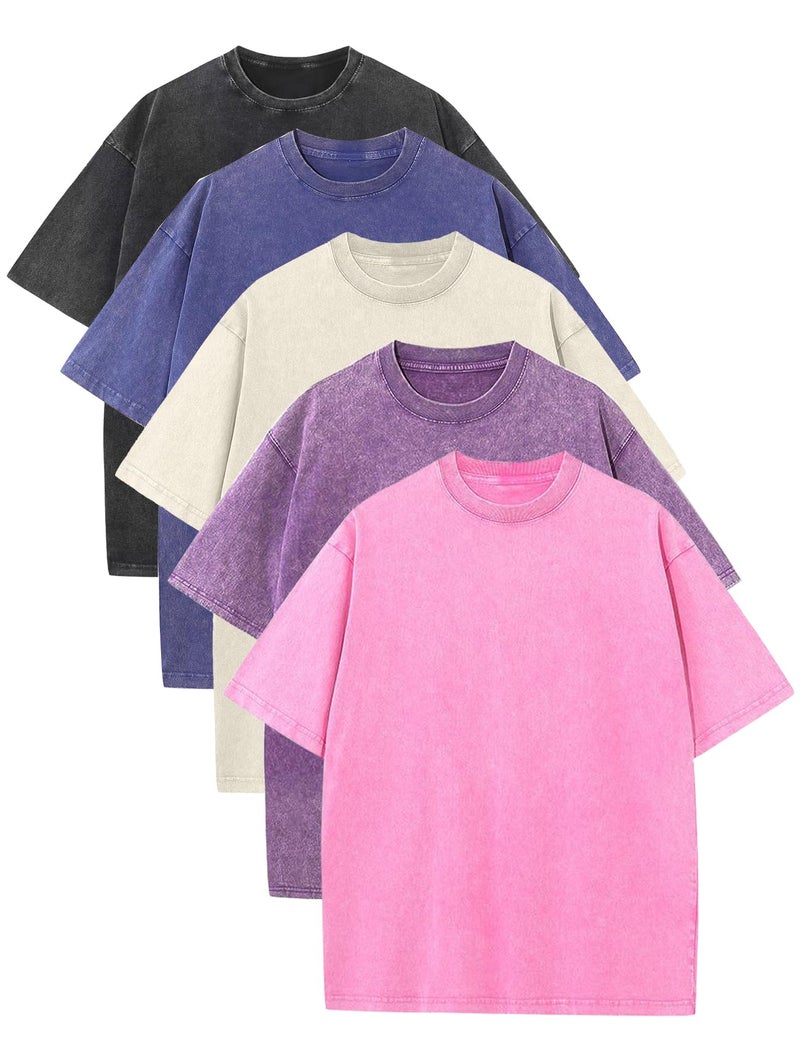 Arssm Mens Oversized T Shirts Cotton Acid Wash Baggy Tees Loose Fit Vintage Heavyweight T-Shirts(BlackPinkPurpleBlueBeige-XL) - Image 1