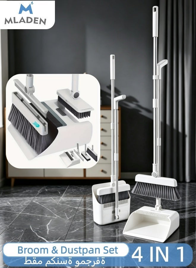 Poxvalzor Broom & Dustpan Combo Set, 4-in-1 Multifunctional Cleaning Tool with Long Handle, Concealed Squeegee & Floor Scrub Brush for Home, Kitchen, Bathroom, Office – Indoor/Outdoor Floor, Space-Saving, Durable, Easy Storage（White） - Image 1