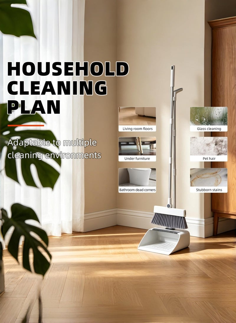 Poxvalzor Broom & Dustpan Combo Set, 4-in-1 Multifunctional Cleaning Tool with Long Handle, Concealed Squeegee & Floor Scrub Brush for Home, Kitchen, Bathroom, Office – Indoor/Outdoor Floor, Space-Saving, Durable, Easy Storage（White） - Image 5