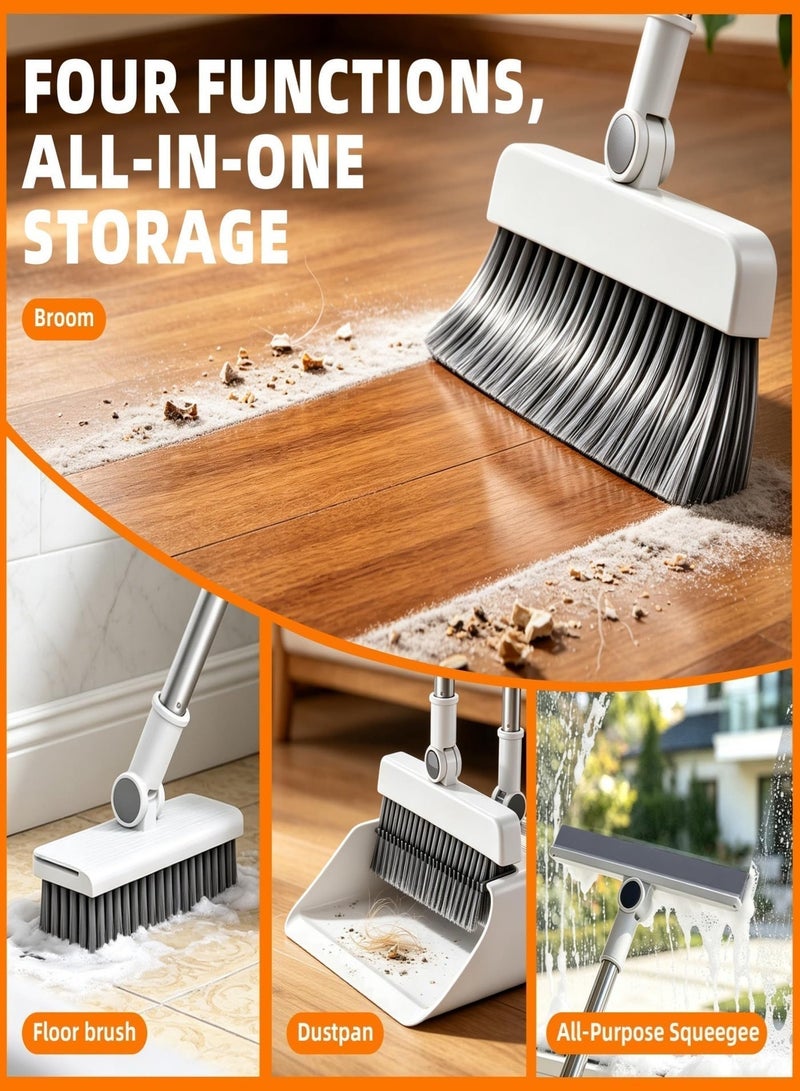 Poxvalzor Broom & Dustpan Combo Set, 4-in-1 Multifunctional Cleaning Tool with Long Handle, Concealed Squeegee & Floor Scrub Brush for Home, Kitchen, Bathroom, Office – Indoor/Outdoor Floor, Space-Saving, Durable, Easy Storage（White） - Image 4