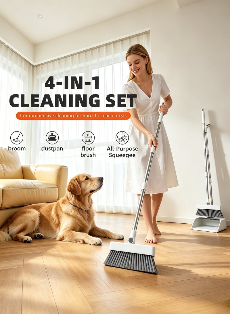 Poxvalzor Broom & Dustpan Combo Set, 4-in-1 Multifunctional Cleaning Tool with Long Handle, Concealed Squeegee & Floor Scrub Brush for Home, Kitchen, Bathroom, Office – Indoor/Outdoor Floor, Space-Saving, Durable, Easy Storage（White） - Image 3