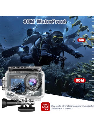 كاميرا أكشن 5K30FPS، كاميرا تحت الماء فائقة الدقة 48 ميجابكسل EIS WiFi جهاز تحكم عن بعد شاشتان تعملان باللمس كاميرات رياضية مع ملحقات تثبيت على الخوذة - view 3