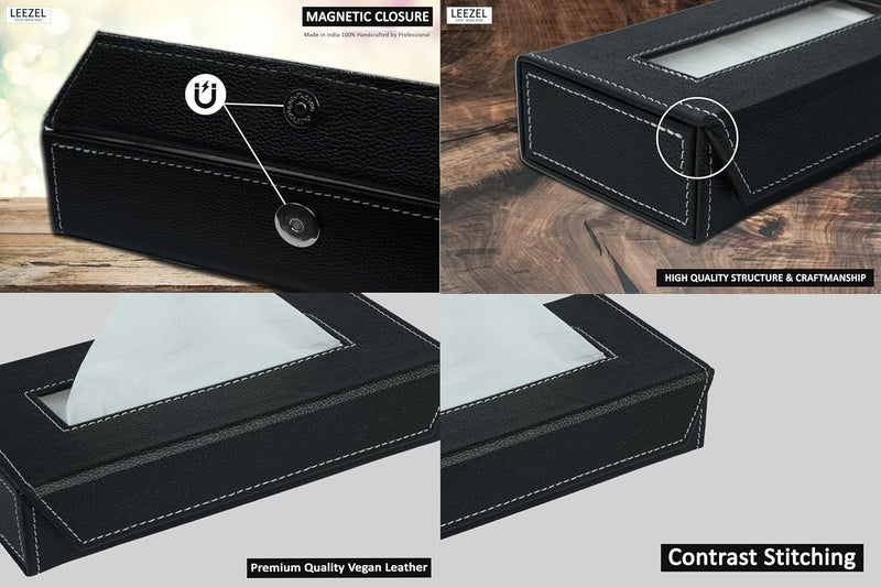 LEEZEL| Tissue Box Holder with 100 Pulls Cotton Rags Tissue | Handcrafted Fine Leather - Like Finish | for Gifting, Office Desks, Cars & Home Décor | Durable & Water Resistant. (Black) - Image 4