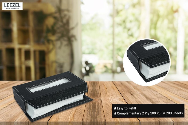 LEEZEL| Tissue Box Holder with 100 Pulls Cotton Rags Tissue | Handcrafted Fine Leather - Like Finish | for Gifting, Office Desks, Cars & Home Décor | Durable & Water Resistant. (Black) - Image 3