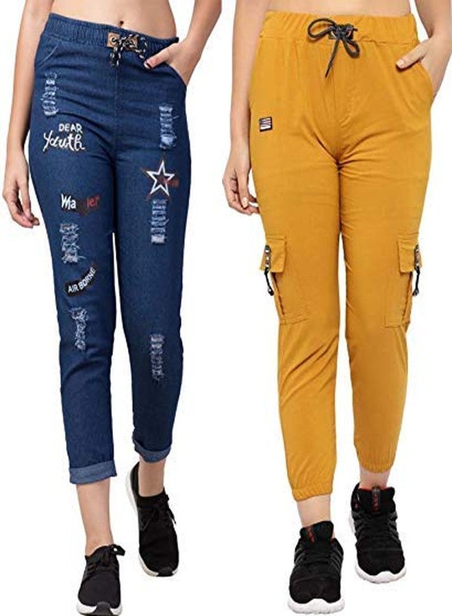 Krystle Girl's Plain Casual Yellow Joggers and Relaxed Fit Denim Dark Blue Jogger Pant Sports Track Pants (Pack of 02)-(28) - Image 1