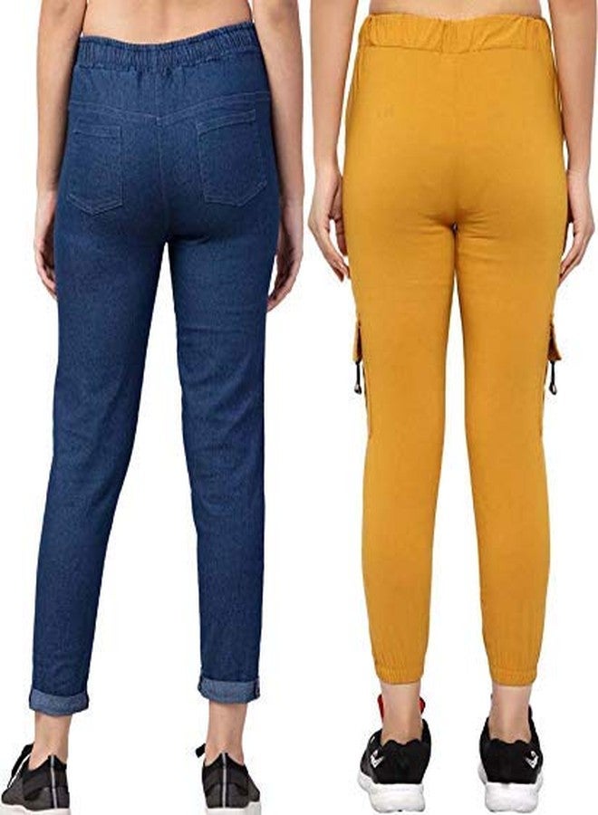 Krystle Girl's Plain Casual Yellow Joggers and Relaxed Fit Denim Dark Blue Jogger Pant Sports Track Pants (Pack of 02)-(28) - Image 2