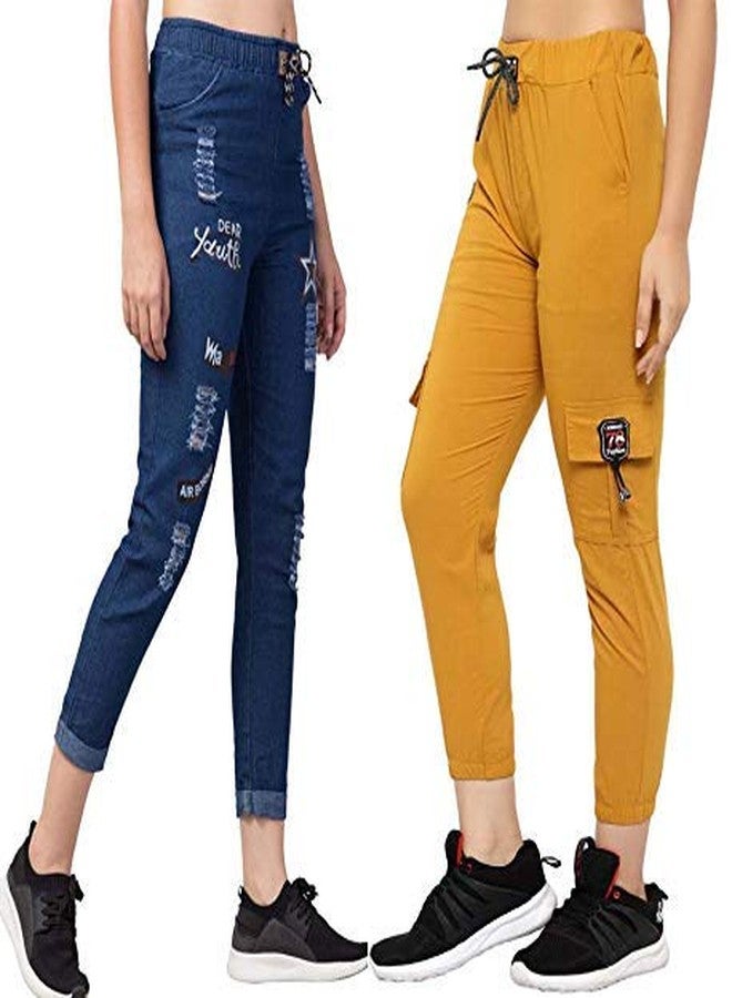 Krystle Girl's Plain Casual Yellow Joggers and Relaxed Fit Denim Dark Blue Jogger Pant Sports Track Pants (Pack of 02)-(28) - Image 3