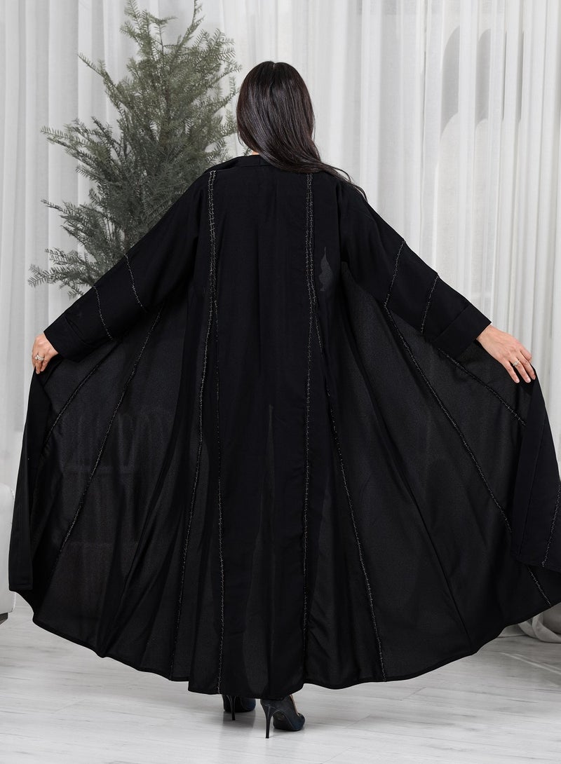 MyesuQ Black Linen Abaya With Pleats In The Sleeves  and front With Oriental Golden  Embroidery golden - Image 5