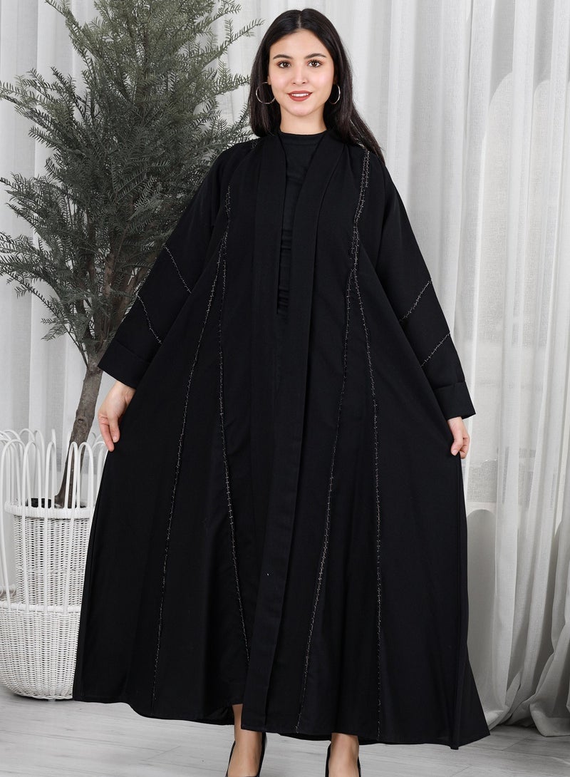 MyesuQ Black Linen Abaya With Pleats In The Sleeves  and front With Oriental Golden  Embroidery golden - Image 1